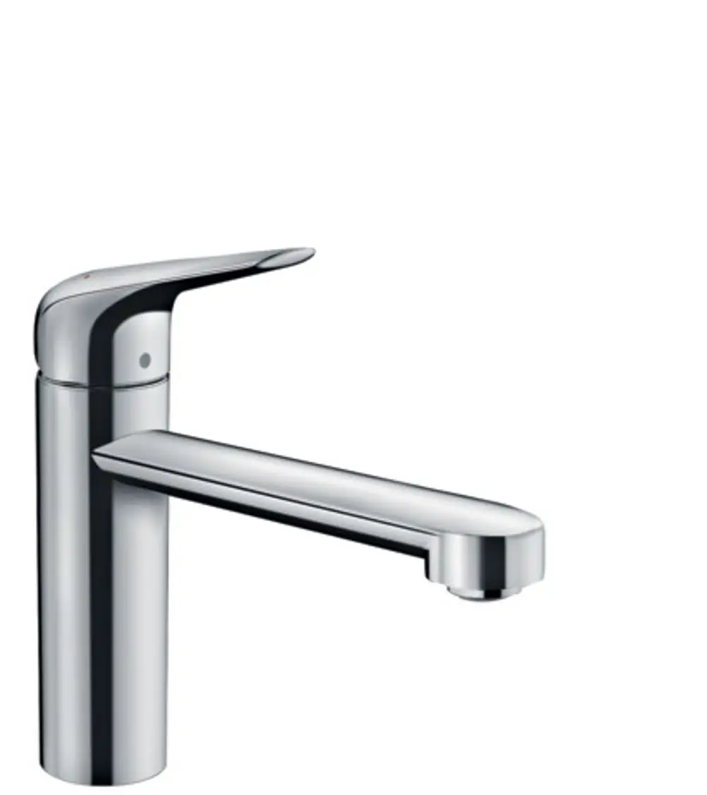 Hansgrohe Spültischmischer mit einem langen Auslauf und einem flachen Hebel in glänzendem Chromfinish. Der Wasserfluss wird durch einen einzelnen Wasserstrahl reguliert.